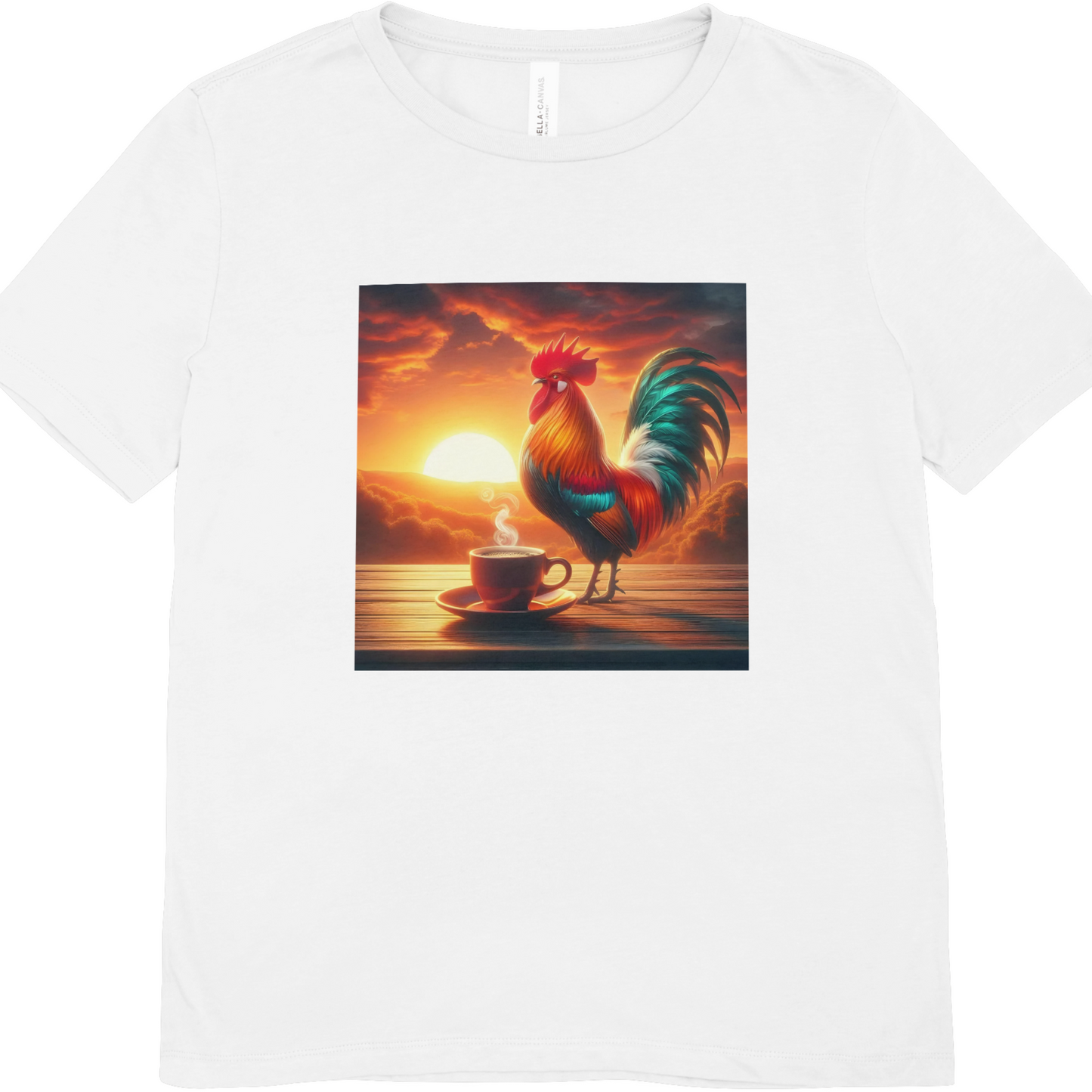 Rooster at sunrise with Coffee Shirt