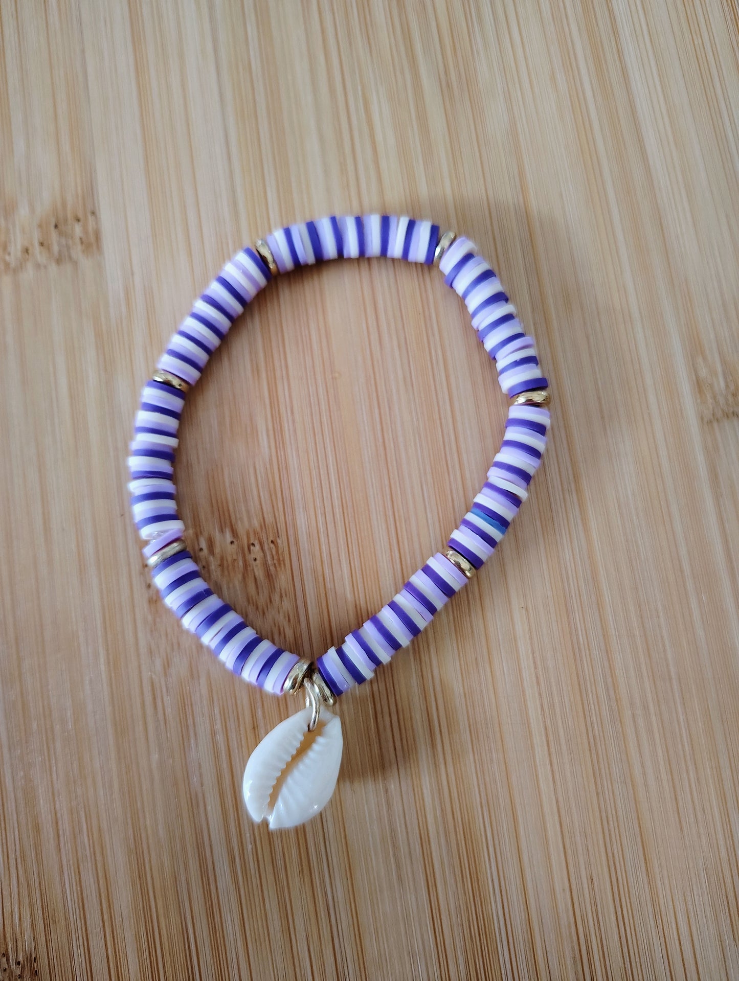 Beautiful SeaShell Clay Bead Bracelet in Dark Purple, White and Light Purple
