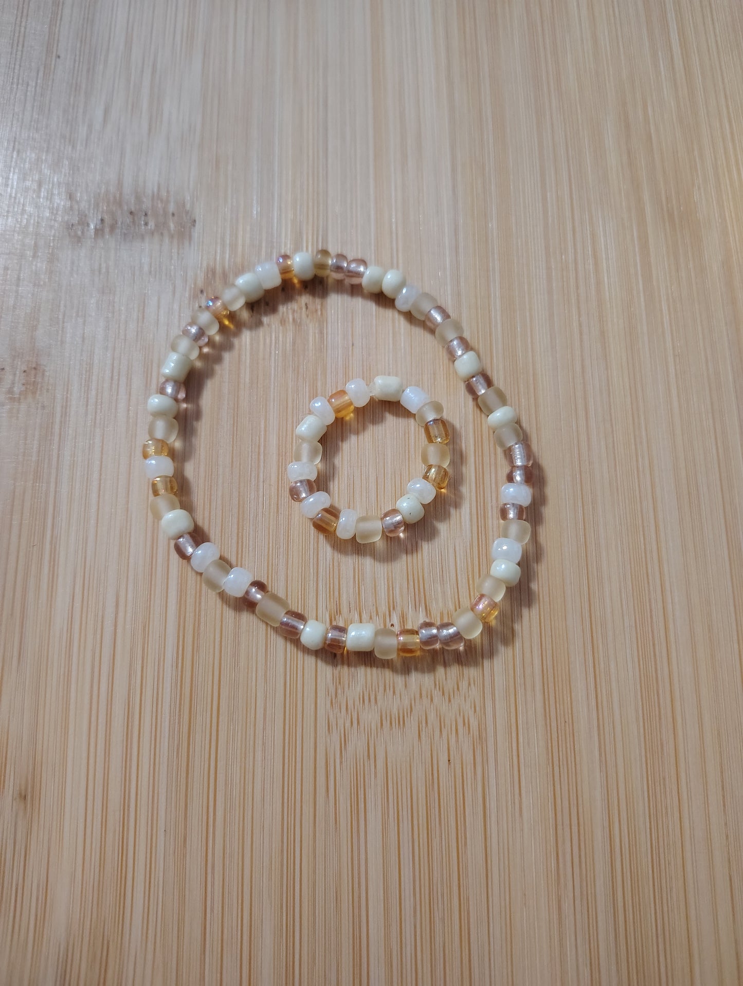 Beautiful Beige and Cream Seed Bead Bracelet and Ring Set