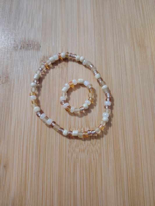 Beautiful Beige and Cream Seed Bead Bracelet and Ring Set
