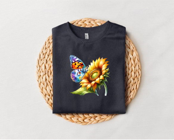 Beautiful Blue Butterfly And Sunflower Tee(Flower)