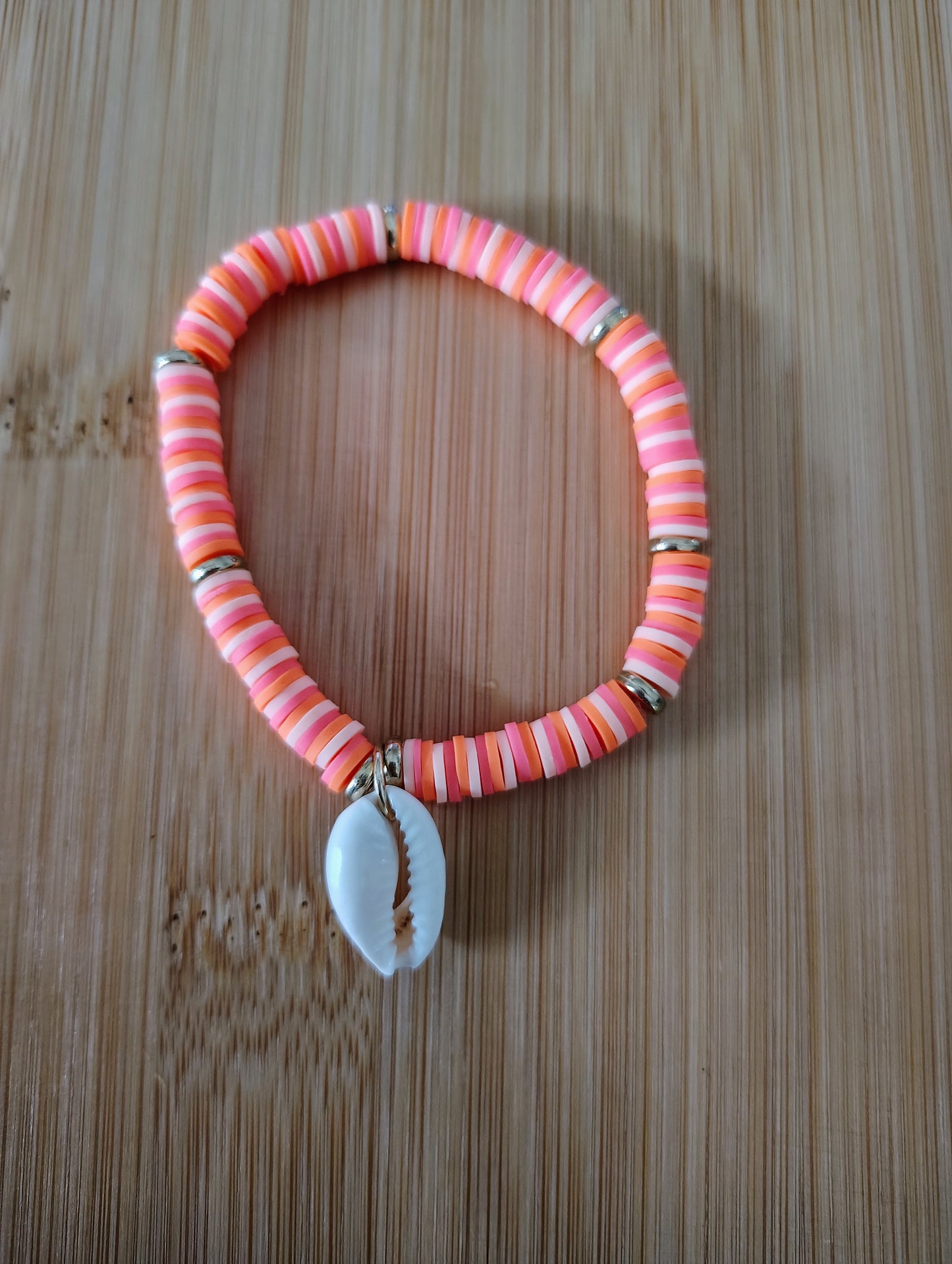 Beautiful SeaShell Clay Bead Bracelet in Pink, Orange and White