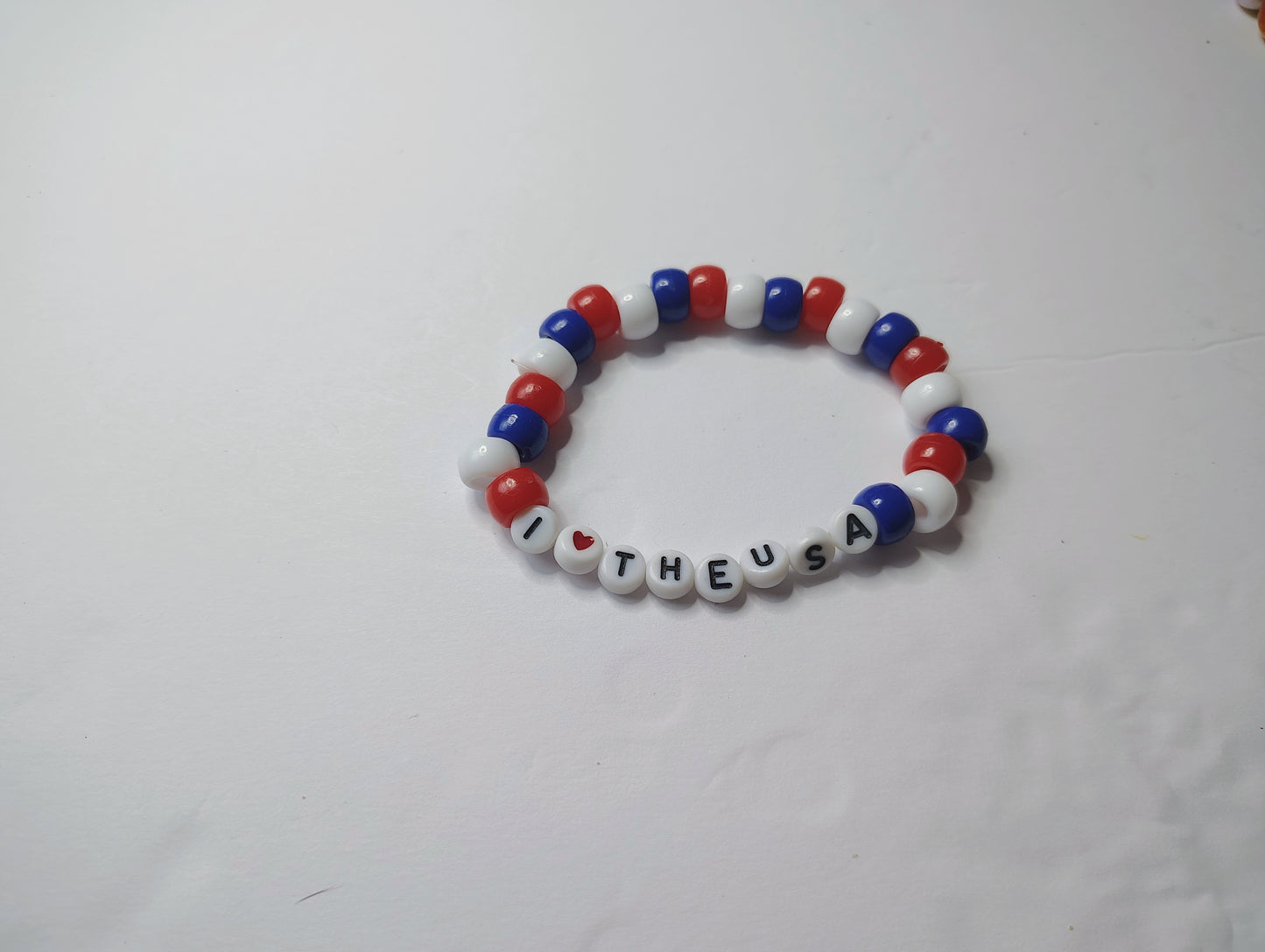"I❤️The USA" Red White and Blue Pony Bead Bracelet