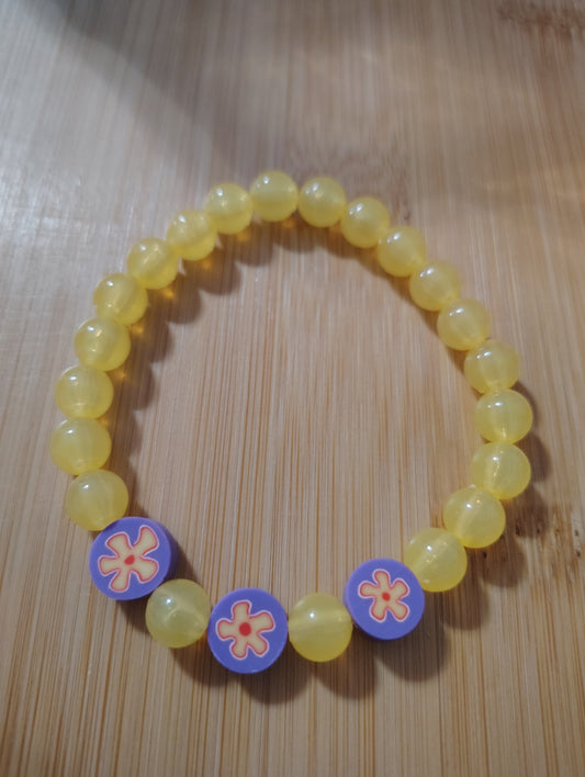 Cute Beachy Flowers Yellow and Purple Beaded Bracelet